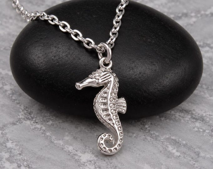 Silver Seahorse Necklace, Double Sided Seahorse Charm Pendant, Ocean Sea Life Jewelry, Beach Coastal Necklace, Nautical Seahorse Gift