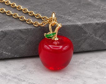 Red Apple Lampwork Glass Necklace, Gold 3D Apple Pendant, Red Glass Fruit Charm Necklace, Teacher Gift, Back to School Jewelry