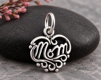 925 Sterling Silver Mom Heart Charm, Mother's Day Charm, Gift for Mom Charm, Mother Bracelet Charm, Heart Shaped Mom Charm, Mom Pendant