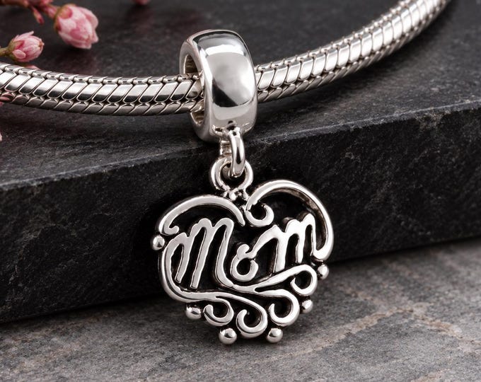 925 Sterling Silver Love Mom Dangle Charm, Heart Mom European Bracelet Charm, Mother’s Day Gift, Large Hole Bead, Mom Jewelry