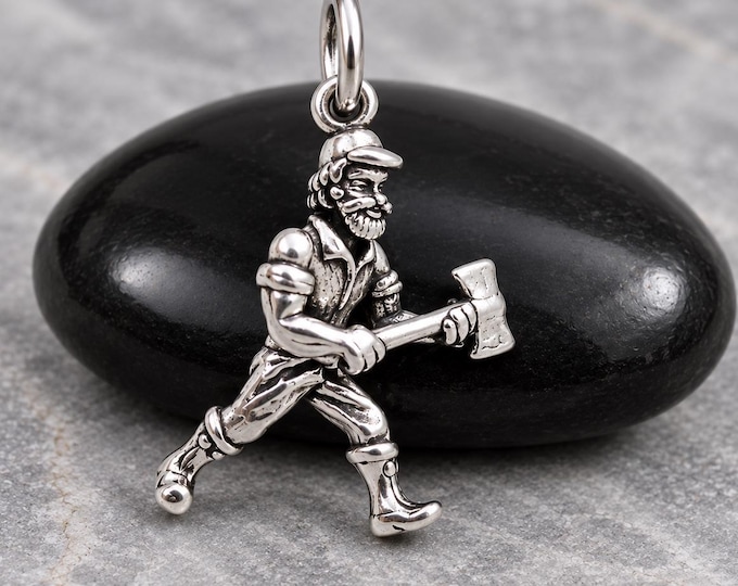 Sterling Silver Lumberjack Charm, 3D Woodsman Lumberjack Pendant, Man with Axe Charm, Paul Bunyan Charm, Bracelet Charm, Necklace Charm