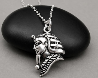 Sterling Silver Egyptian Pharaoh Necklace, King Tut Charm, Egyptian Pendant