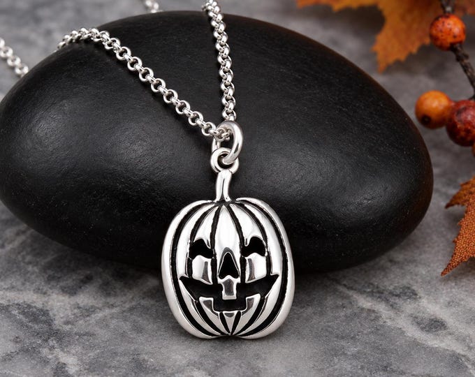925 Sterling Silver Jack O’ Lantern Necklace, Halloween Pumpkin Charm Necklace, Spooky Fall Jewelry, Pumpkin Pendant, Halloween Gift