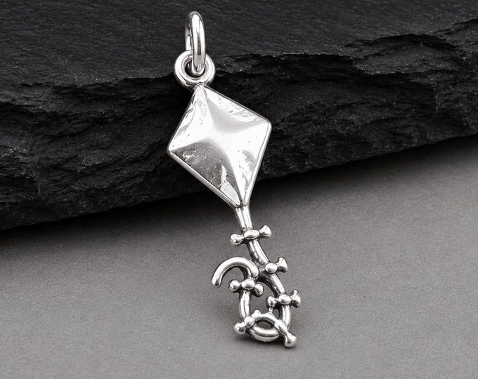 Sterling Silver Kite Charm, Two-Sided Kite Pendant, Flying Kite Charm for Necklace or Bracelet, Kite Lover Gift