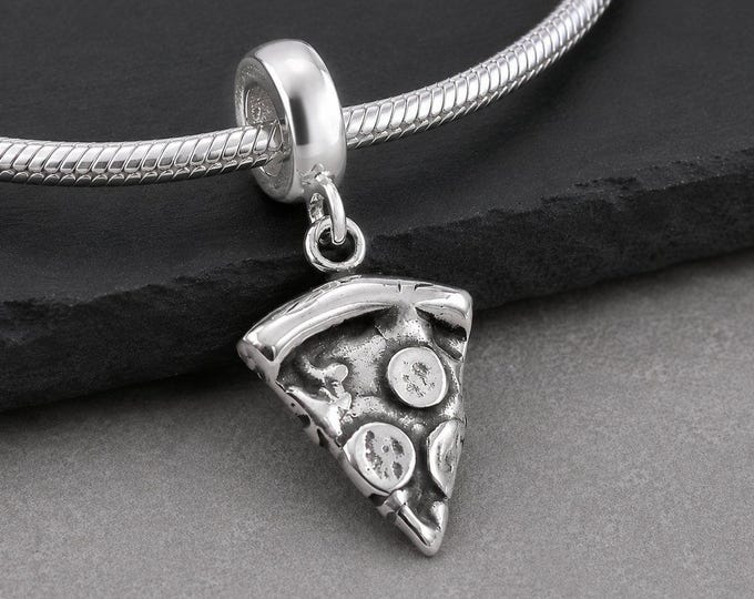 Sterling Silver Pepperoni Pizza European Dangle Charm, Pizza Slice Pendant, Large Hole Bead, Food Charm, Pizza Lover Jewelry