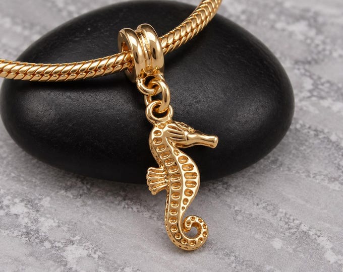 Gold Seahorse Dangle Charm, Double Sided European Seahorse Charm for Snake Chain Bracelet, Ocean Sea Life Bead, Nautical Beach Charm