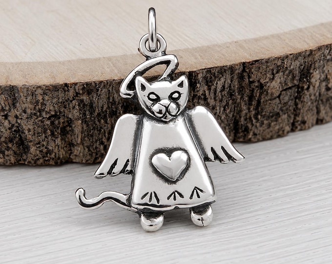 Sterling Silver Angel Cat Charm, 925 Cat Memorial Charm, Cat with Angel Wings Pendant, Pet Loss Gift, Rainbow Bridge Charm