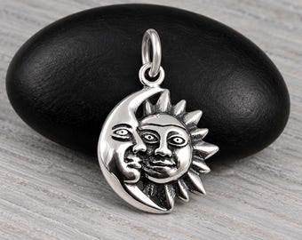 Sun and Moon Charm, Sterling Silver Crescent Moon Charm, Half Moon Half Sun Charm, Sterling Silver Celestial Charm, Sun Face Charm Jewelry