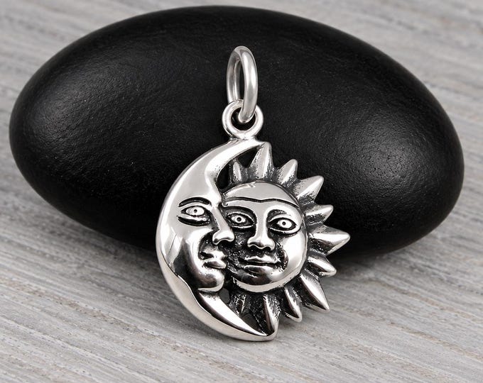 Sun and Moon Charm, Sterling Silver Crescent Moon Charm, Half Moon Half Sun Charm, Sterling Silver Celestial Charm, Sun Face Charm Jewelry