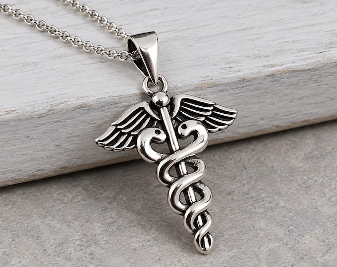 Sterling Silver Caduceus Necklace, Medical Caduceus Charm Necklace, Medical Symbol Charm, Caduceus Pendant, Doctor Necklace, Nurse Necklace