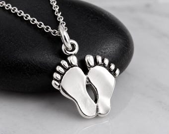 Sterling Silver Feet Necklace, Footprints Charm Necklace, Baby Feet Necklace, Barefoot Charm Necklace, Baby Shower Gift, Newborn Gift