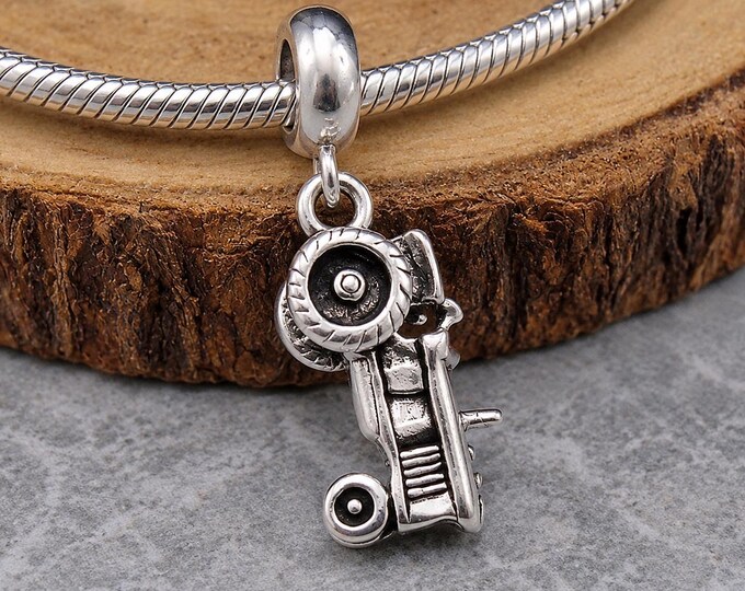 Tractor European Charm, Sterling Silver 3D Tractor Charm, Tractor Charm with Bail, Snake Bracelet Charm, Large Hole Bead, Farmer Gift