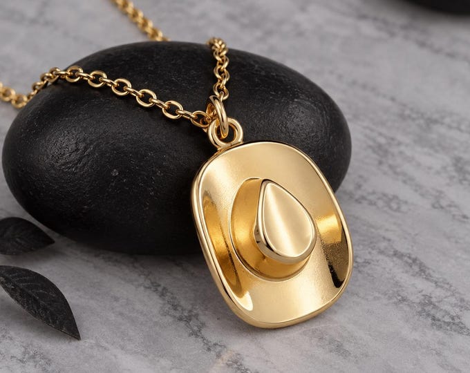 Gold Cowboy Hat Necklace, Western Cowboy Hat Charm Pendant, Rodeo Cowgirl Necklace, Country Western Jewelry, Cowgirl Gift