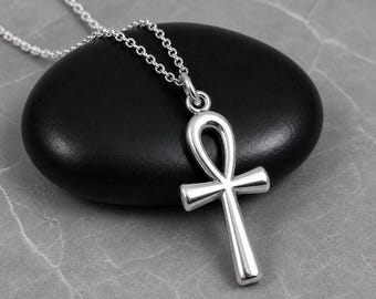 Ankh Necklace, 925 Sterling Silver Ankh Charm on a Silver Cable Chain, Egyptian Charm Necklace, Crux Charm, Ankh Gift, Egyptian Jewelry