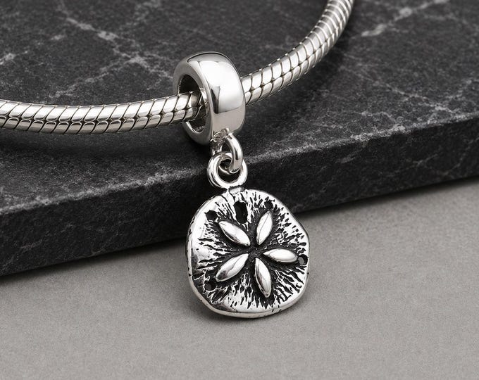 Sterling Silver Sand Dollar Dangle Charm, European Large Hole Bead Bail Charm, Beach Charm for European Bracelet, Ocean Coastal Jewelry