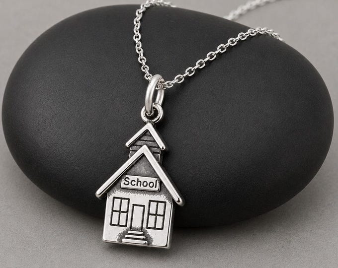 Sterling Silver Schoolhouse Necklace, School House Charm Pendant, Teacher Gift, Back to School Jewelry, Education Charm