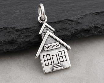 Sterling Silver Schoolhouse Charm, School House Pendant, Teacher Gift, Student Gift, Back to School Charm, Education Jewelry
