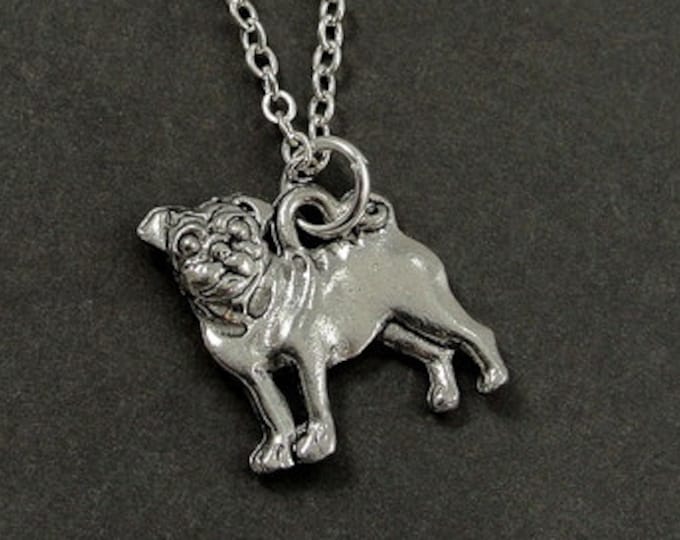 Pug Necklace, Silver Pug Charm on a Silver Cable Chain