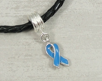 CLOSEOUT - Blue Awareness Ribbon Dangle Charm - Silver and Blue Awareness Charm - Blue Awareness Ribbon Large Hole Bead