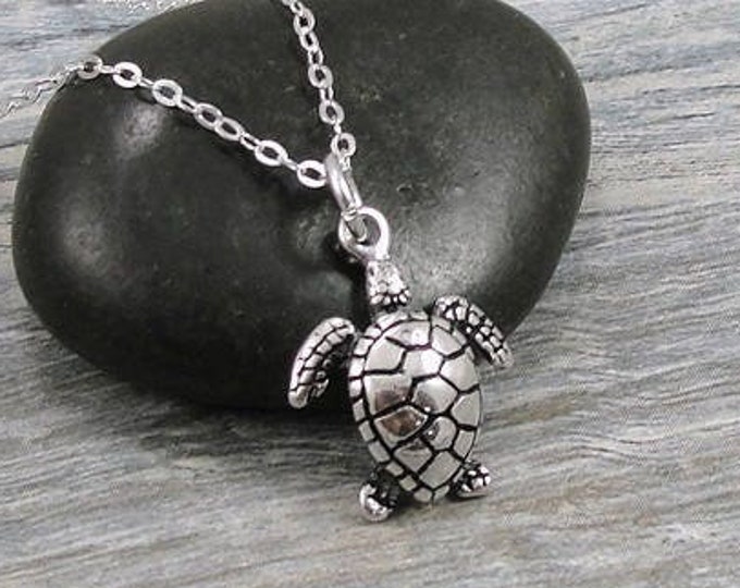 Sea Turtle Necklace, Sterling Silver Sea Turtle Charm on a Silver Cable Chain