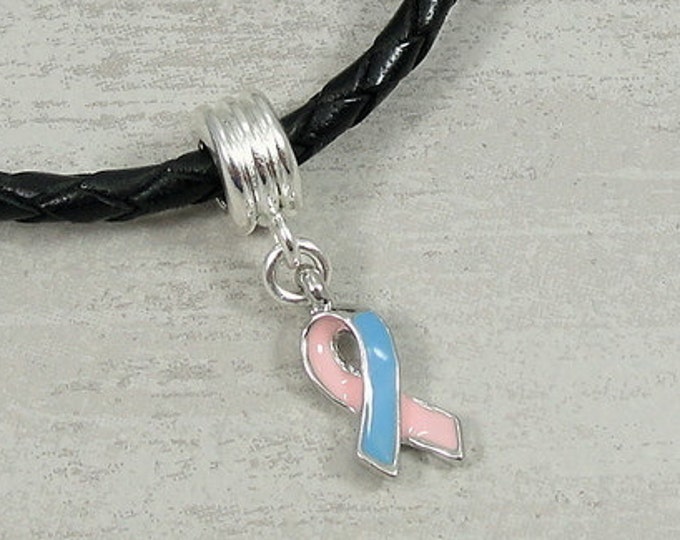 CLOSEOUT- Pink and Blue Awareness Ribbon European Dangle Bead Charm - Pink and Blue Awareness Large Hole Bead