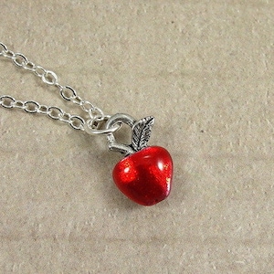 Tiny Red Apple Necklace, Silver Plated Red Apple Charm on a Silver Cable Chain image 1