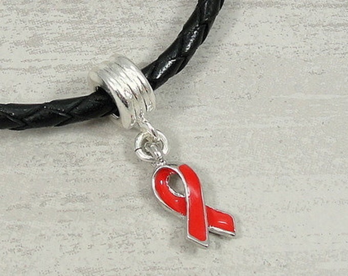 CLOSEOUT   Red Awareness Ribbon European Dangle Bead Charm - Silver and Red Awareness Large Hole Bead
