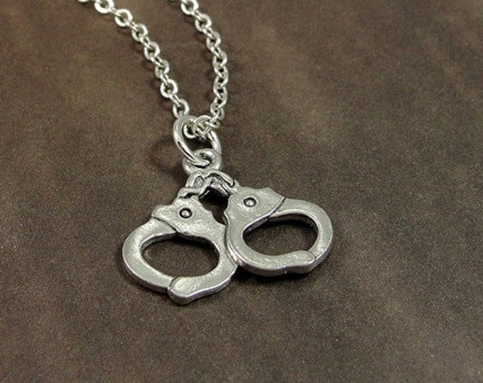 Handcuffs Necklace, Silver Plated Pair of Handcuffs Charm on a Silver Cable Chain