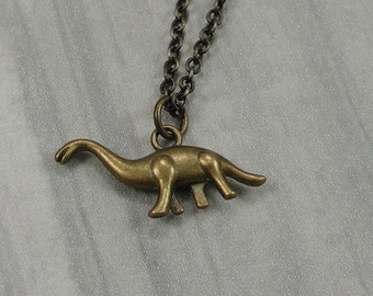 Brontosaurus Dinosaur Necklace, Antique Bronze Brontosaurus Charm on a Bronze Cable Chain