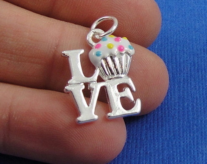 Love Cupcake Charm - Silver Plated Love Vanilla Cupcakes Charm for Necklace or Bracelet