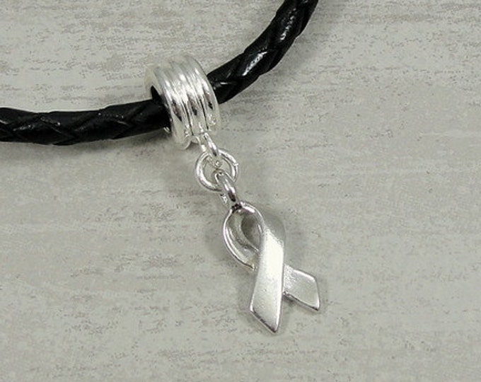 CLOSEOUT - Silver Awareness Ribbon European Charm - Silver Awareness Dangle Charm - Silver Awareness Ribbon Large Hole Bead