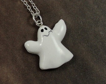 Halloween Ghost Necklace, Resin Ghost Charm on a Silver Cable Chain