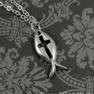 Christian Ichthys Fish Necklace, Silver Jesus Fish Charm on a Silver Cable Chain