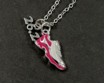 CLOSEOUT, Marathon Running Shoe Necklace, Silver and Pink 26.2 Marathon Shoe Charm on a Silver Cable Chain