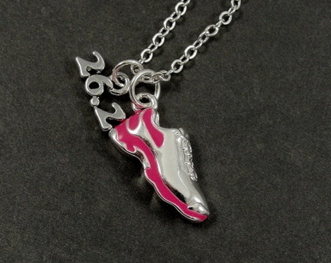 CLOSEOUT, Marathon Running Shoe Necklace, Silver and Pink 26.2 Marathon Shoe Charm on a Silver Cable Chain