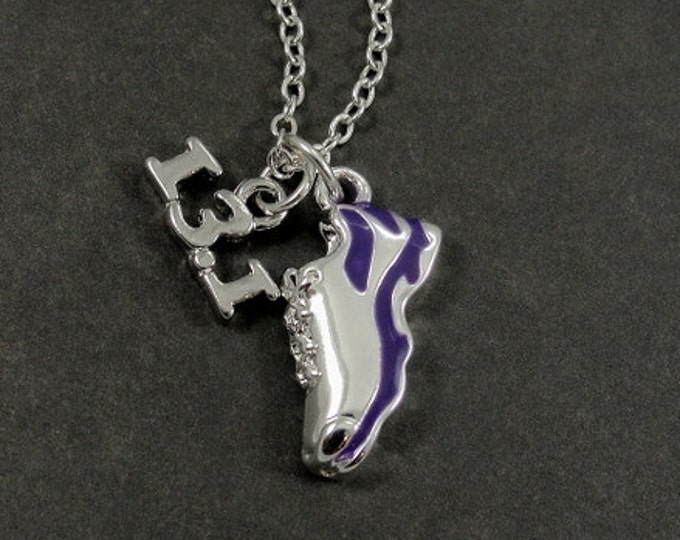 CLOSEOUT, Half Marathon Running Shoe Necklace, Silver and Purple 13.1 Half Marathon Shoe Charm on a Silver Cable Chain