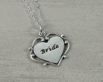 Bride Necklace, Sterling Silver Heart Shaped Bride Charm on a Silver Cable Chain