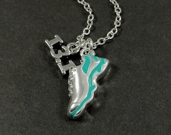 CLOSEOUT, Half Marathon Running Shoe Necklace, Silver and Teal 13.1 Half Marathon Shoe Charm on a Silver Cable Chain