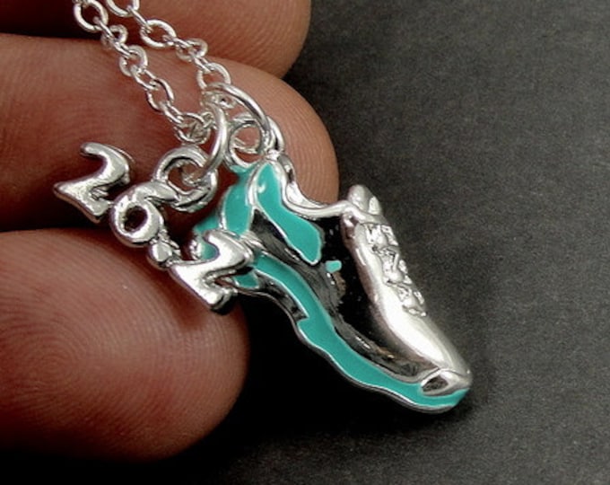 CLOSEOUT, Marathon Running Shoe Necklace, Silver and Teal 26.2 Marathon Shoe Charm on a Silver Cable Chain