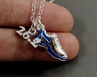 CLOSEOUT, Marathon Running Shoe Necklace, Silver and Blue 26.2 Marathon Shoe Charm on a Silver Cable Chain