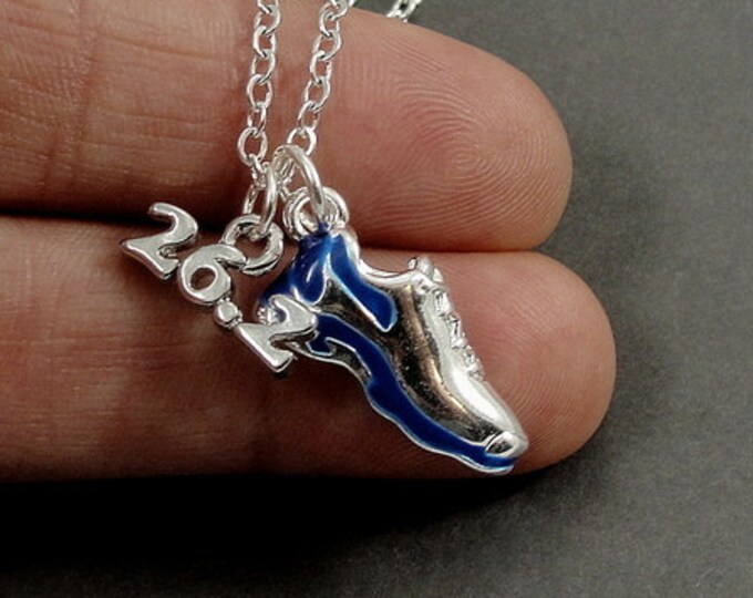 CLOSEOUT, Marathon Running Shoe Necklace, Silver and Blue 26.2 Marathon Shoe Charm on a Silver Cable Chain
