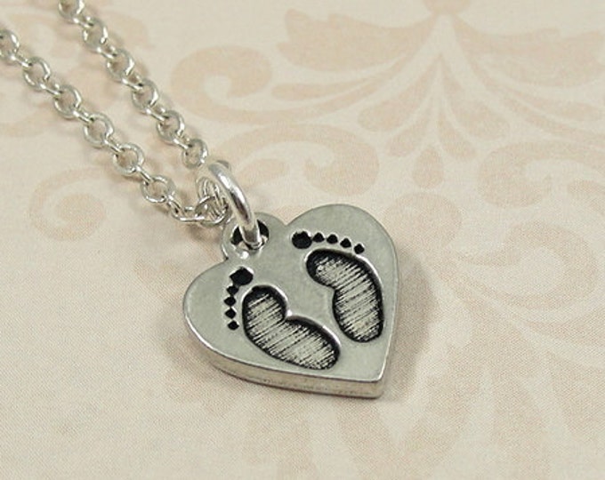 Small Baby Heart Footprint Necklace, Silver Heart Footprint Charm on a Silver Cable Chain