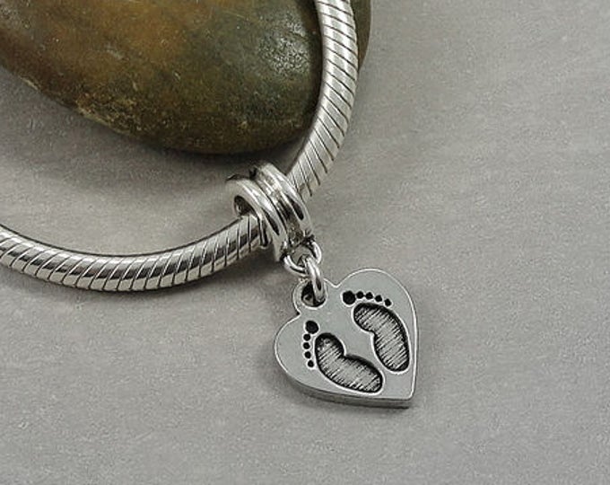 Baby Heart Footrpint European Dangle Bead Charm - Silver Baby Footprint in Heart Charm for European Bracelet