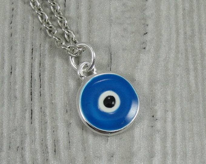 Blue Evil Eye Necklace, Silver and Blue Evil Eye Charm on a Silver Cable Chain