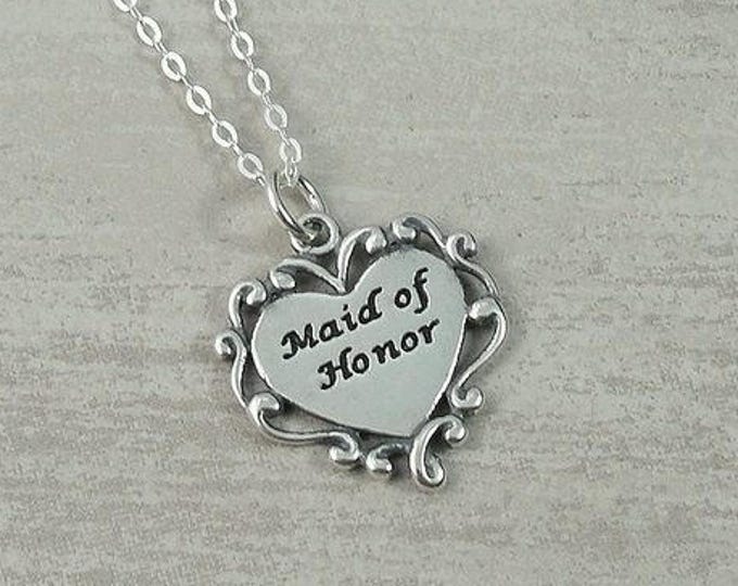 Maid of Honor Necklace, Sterling Silver Heart Shaped Maid of Honor Charm on a Silver Cable Chain