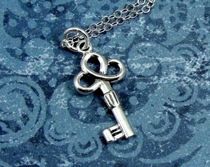 Tiny Lucky Key Necklace, Sterling Silver Clover Key Charm on a Silver Cable Chain