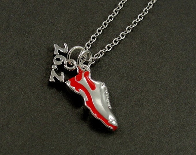CLOSEOUT, Marathon Running Shoe Necklace, Silver and Red 26.2 Marathon Shoe Charm on a Silver Cable Chain