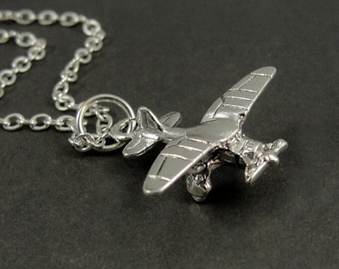 Biplane Necklace, Silver Plated Biplane Charm on a Silver Cable Chain