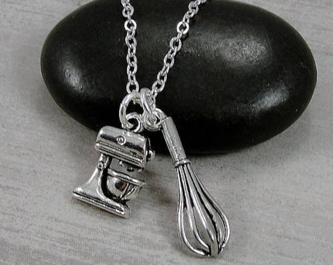 Bakers Kitchen Mixer and Whisk Necklace, Silver Baking Charms on a Silver Cable Chain