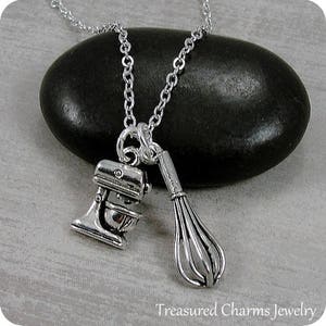 Bakers Kitchen Mixer and Whisk Necklace, Silver Baking Charms on a Silver Cable Chain image 1